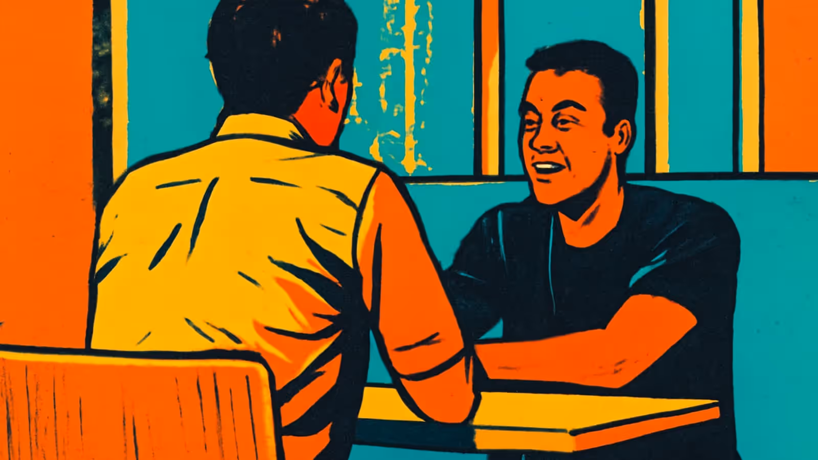 Pop-art illustration of two people sitting at a table facing each other in conversation, one leaning forward with hands clasped.