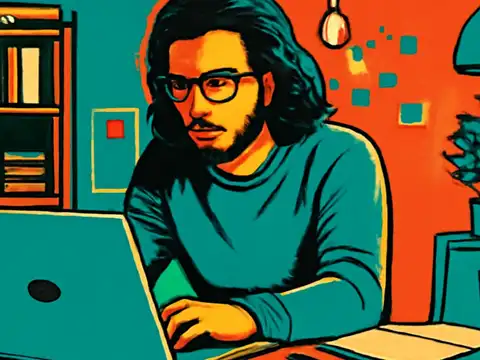 A flat illustration of a person with long hair and glasses leaning towards an open laptop at a desk, a bookshelf behind them and a lamp and potted plant to one side.