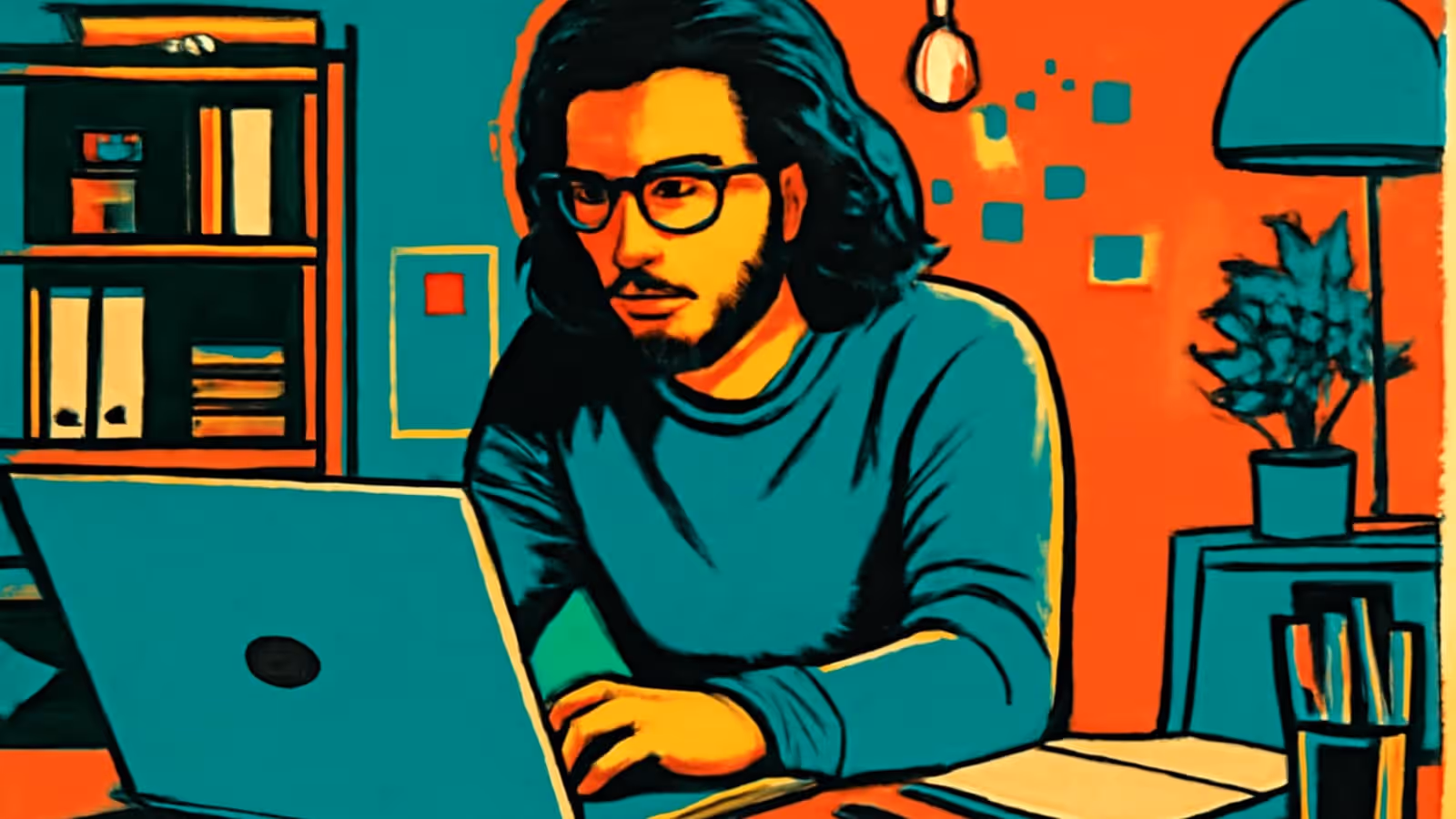 A flat illustration of a person with long hair and glasses leaning towards an open laptop at a desk, a bookshelf behind them and a lamp and potted plant to one side.