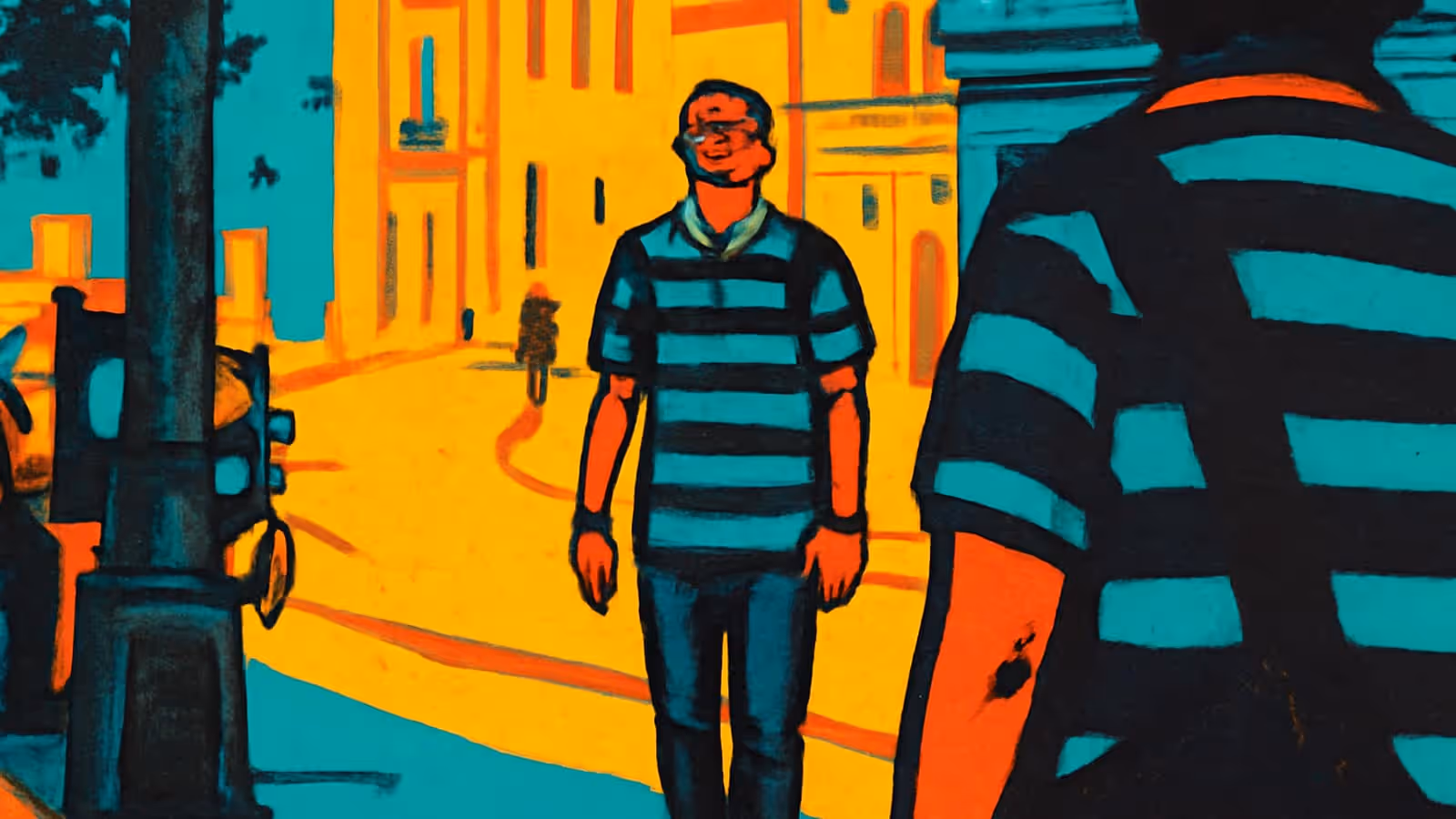 A man walking on a city street, seen past the shoulder of another person in the foreground, rendered as a flat orange, yellow and teal illustration.
