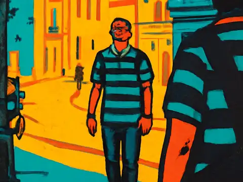 A man walking on a city street, seen past the shoulder of another person in the foreground, rendered as a flat orange, yellow and teal illustration.
