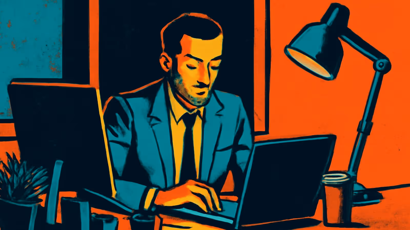 Pop-art illustration of a person in a jacket typing at a laptop late at night, lit by a desk lamp.