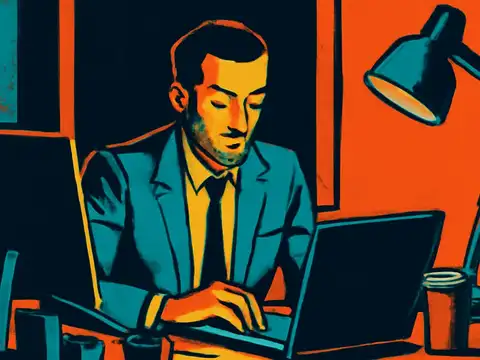 Pop-art illustration of a person in a jacket typing at a laptop late at night, lit by a desk lamp.