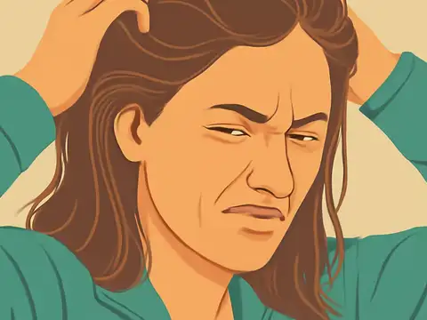 Flat vector illustration of a woman with both hands raised into her hair, her face tensed.