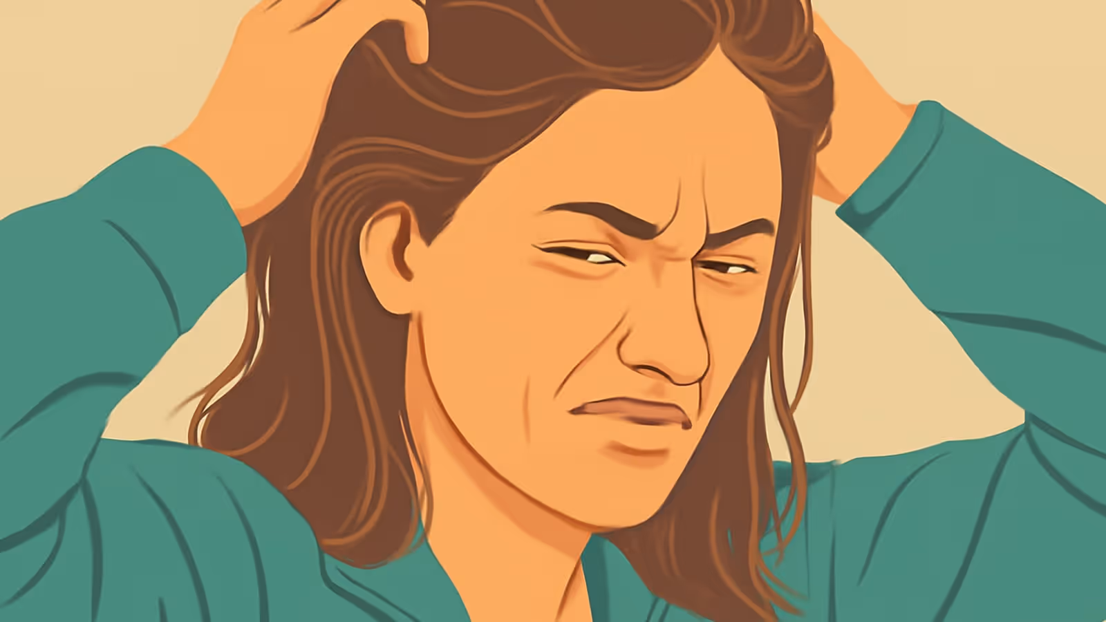 Ilustração vetorial plana de uma mulher com ambas as mãos levantadas para o cabelo, seu rosto tenso.
