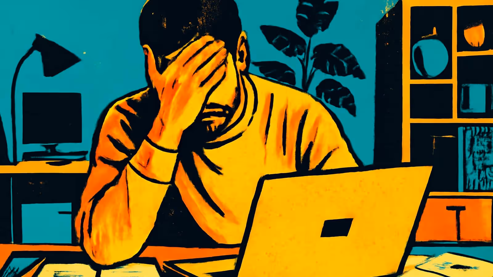 Pop-art illustration of a man sitting at a desk in front of an open laptop with one hand covering his face, a lamp and shelves behind him.