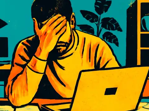 Pop-art illustration of a man sitting at a desk in front of an open laptop with one hand covering his face, a lamp and shelves behind him.