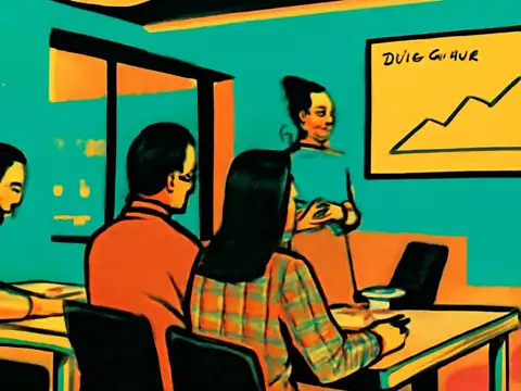 Pop-art illustration of three people seated at a meeting table, turned towards a fourth person standing beside a wall-mounted board showing a rising line graph.