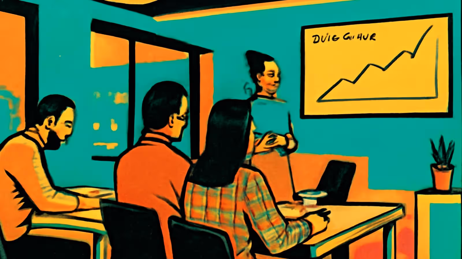 Pop-art illustration of three people seated at a meeting table, turned towards a fourth person standing beside a wall-mounted board showing a rising line graph.