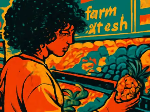 Pop-art illustration of a person in a supermarket produce aisle holding a pineapple, seen from the side.