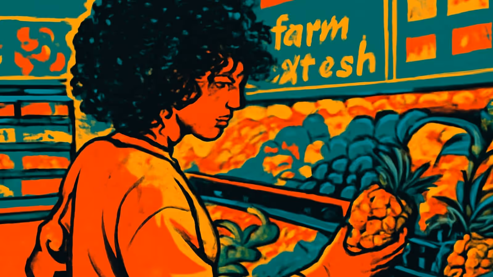 Pop-art illustration of a person in a supermarket produce aisle holding a pineapple, seen from the side.