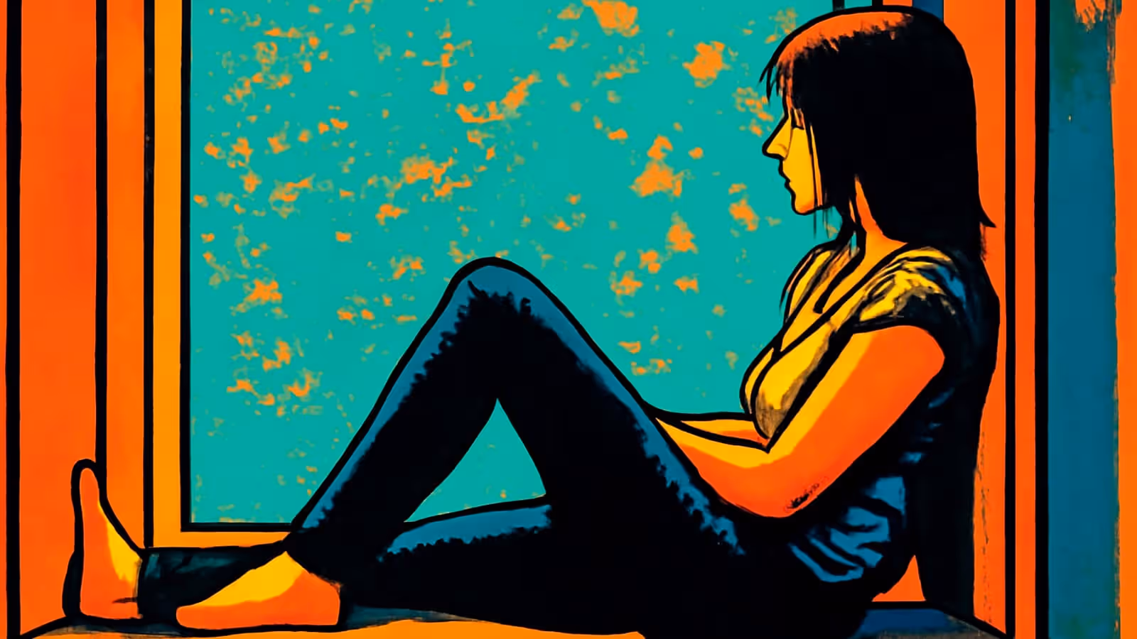 A person with long hair sits on a wide window ledge in profile with their knees bent, leaning back against the frame and looking out, rendered as a flat orange and teal illustration.