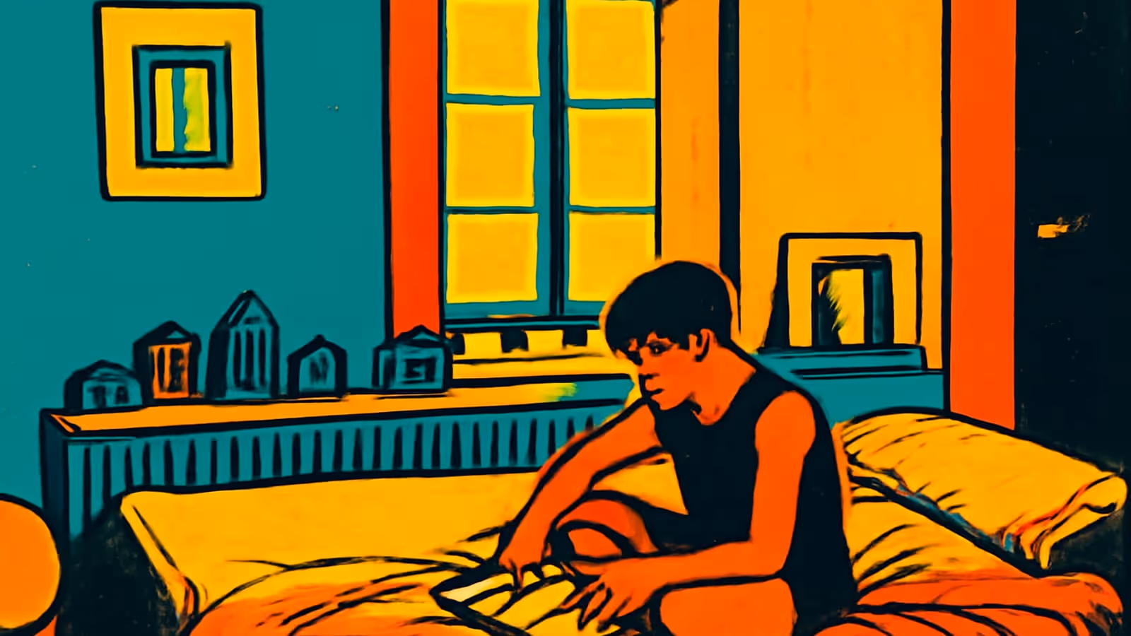 Pop-art illustration of a person sitting on the edge of a bed in a room with a tall window, looking towards the camera.