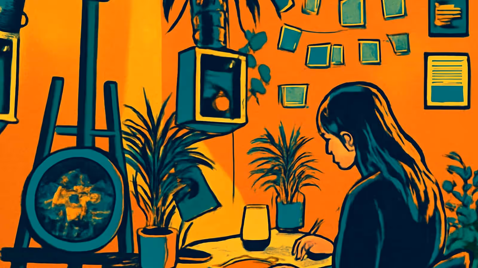Pop-art illustration of a woman drawing in a sketchbook at a desk by a window, one hand resting on the page.