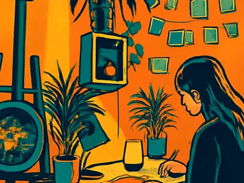 Pop-art illustration of a woman drawing in a sketchbook at a desk by a window, one hand resting on the page.