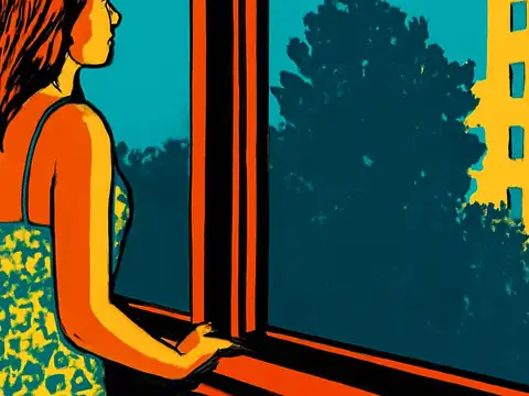 Pop-art illustration of a woman standing at an open window, seen from behind, looking out at trees and a building.