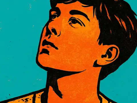 Pop-art illustration of a young person looking upward in thought against a teal background.