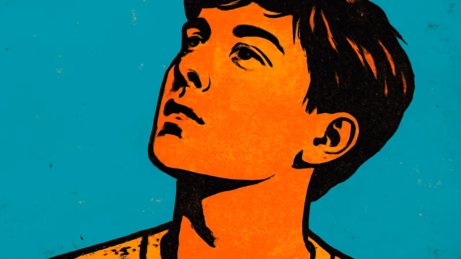 Pop-art illustration of a young person looking upward in thought against a teal background.