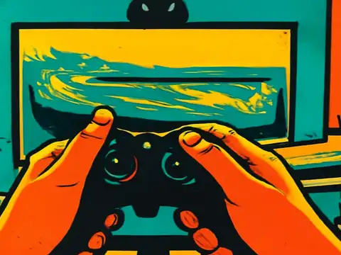 A pair of hands holding a black game controller in the foreground, facing a wide lit screen showing a teal and yellow scene, with potted plants either side, rendered as a flat orange and teal illustration.