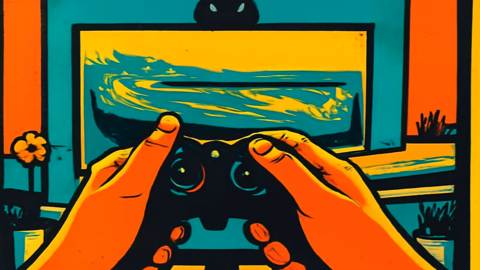 A pair of hands holding a black game controller in the foreground, facing a wide lit screen showing a teal and yellow scene, with potted plants either side, rendered as a flat orange and teal illustration.