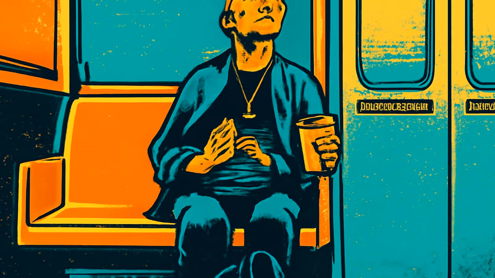 Pop-art illustration of a man sitting alone on a train seat holding a takeaway cup, looking upward.