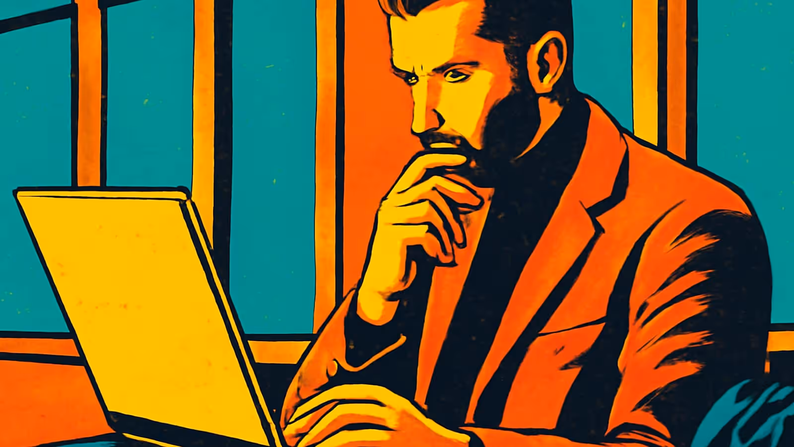 A bearded person in a jacket sitting at a laptop with one hand resting under their chin, frowning at the screen, rendered as a flat orange, yellow and teal illustration.