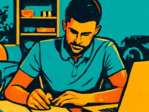 Pop-art illustration of a man writing at a table beside an open laptop.