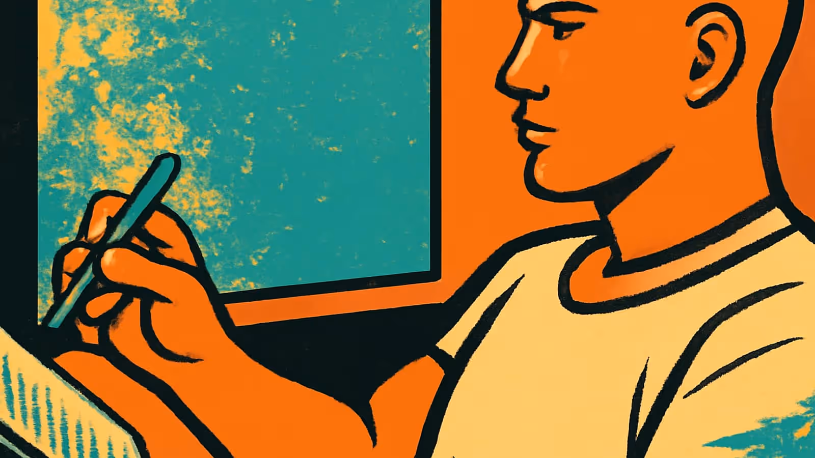 Pop-Art-Illustration eines Mannes im Profil, der in ein Notizbuch schreibt.