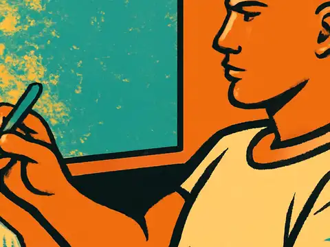 Pop-art illustration of a man in profile writing in a notebook.