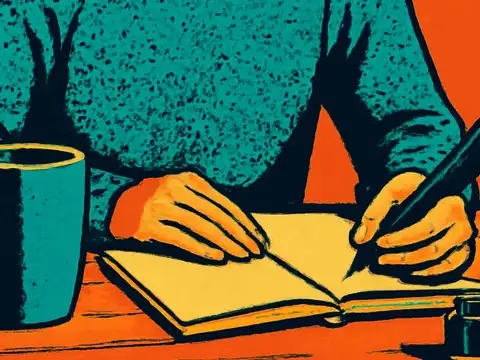 Pop-art illustration of a person writing in a notebook with a fountain pen, a mug and an inkwell on the table.