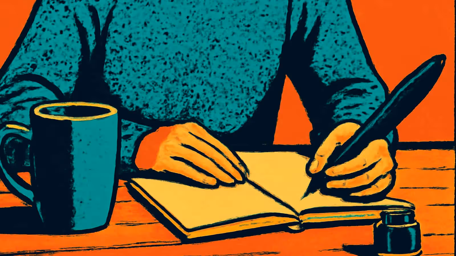 Pop-art illustration of a person writing in a notebook with a fountain pen, a mug and an inkwell on the table.