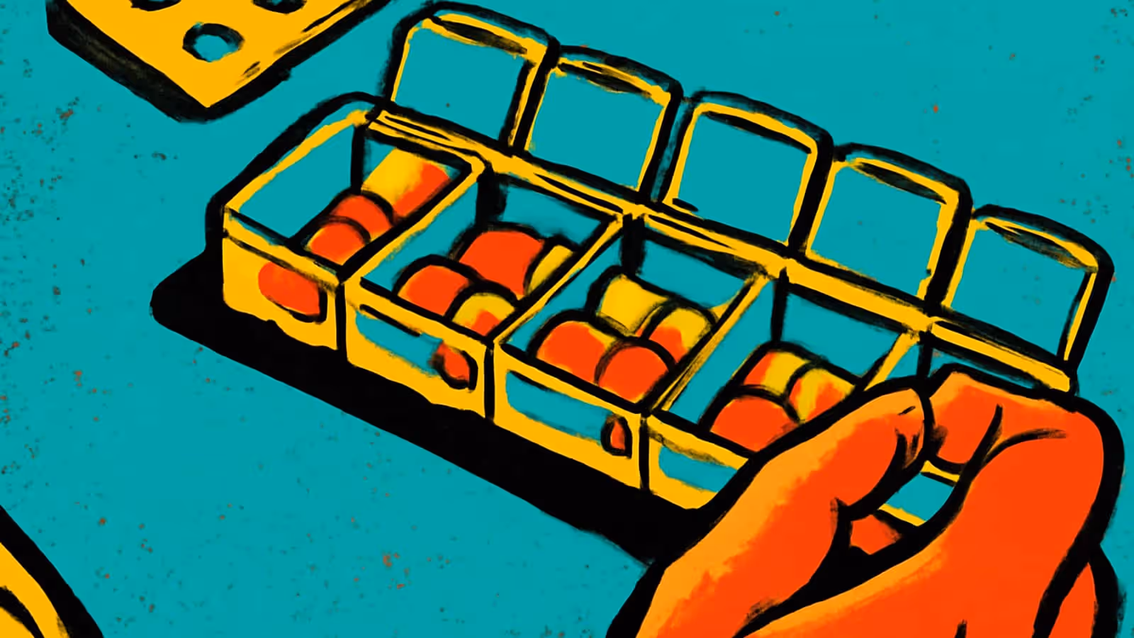 Pop-art illustration of a hand picking a pill from a weekly medication organizer, in orange and teal.