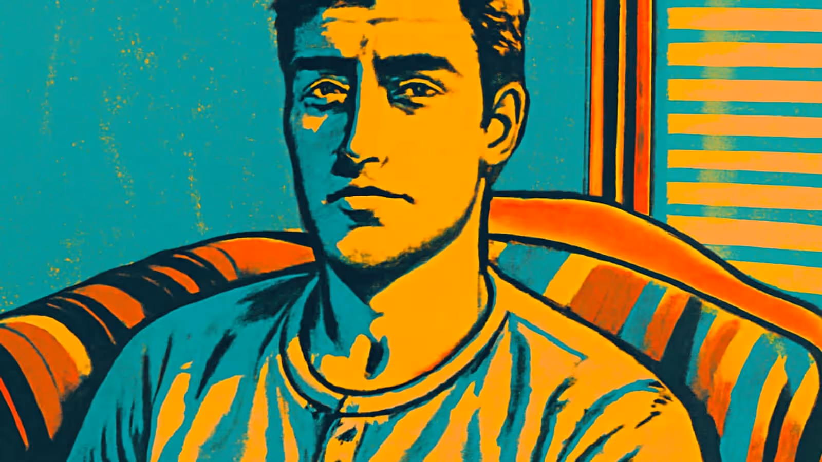 Pop-art illustration in teal and orange of a man sitting back on a sofa in a striped shirt, looking straight ahead with a flat, unfocused expression.