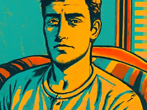 Pop-art illustration in teal and orange of a man sitting back on a sofa in a striped shirt, looking straight ahead with a flat, unfocused expression.