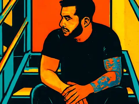 Pop-art illustration of a person with short dark hair and a beard sitting on a staircase with clasped hands, looking off to the left against orange, teal and yellow walls.