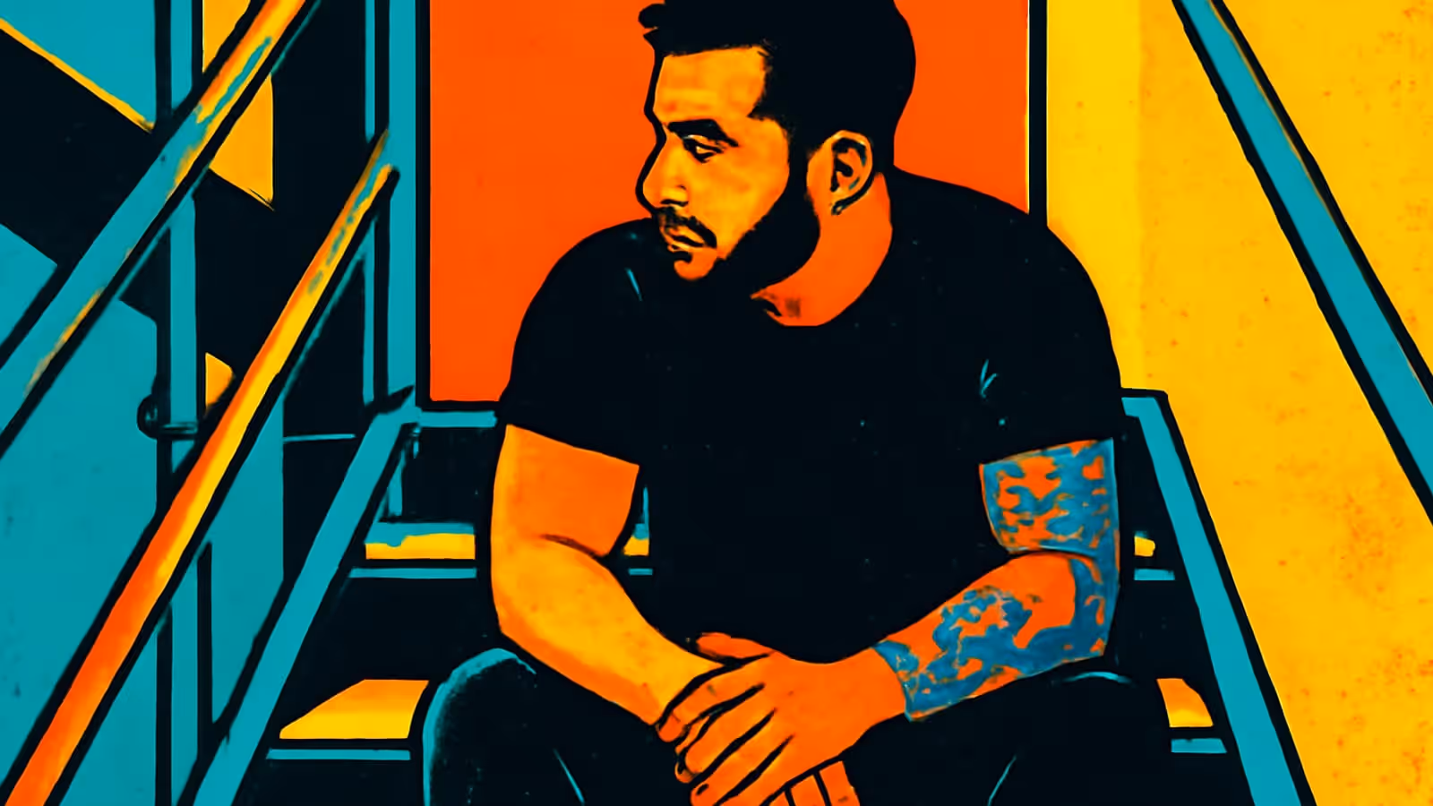 Pop-Art-Illustration einer Person mit kurzen dunklen Haaren und einem Bart, die auf einer Treppe mit gefalteten Händen sitzt und nach links schaut, vor orangen, türkisfarbenen und gelben Wänden.