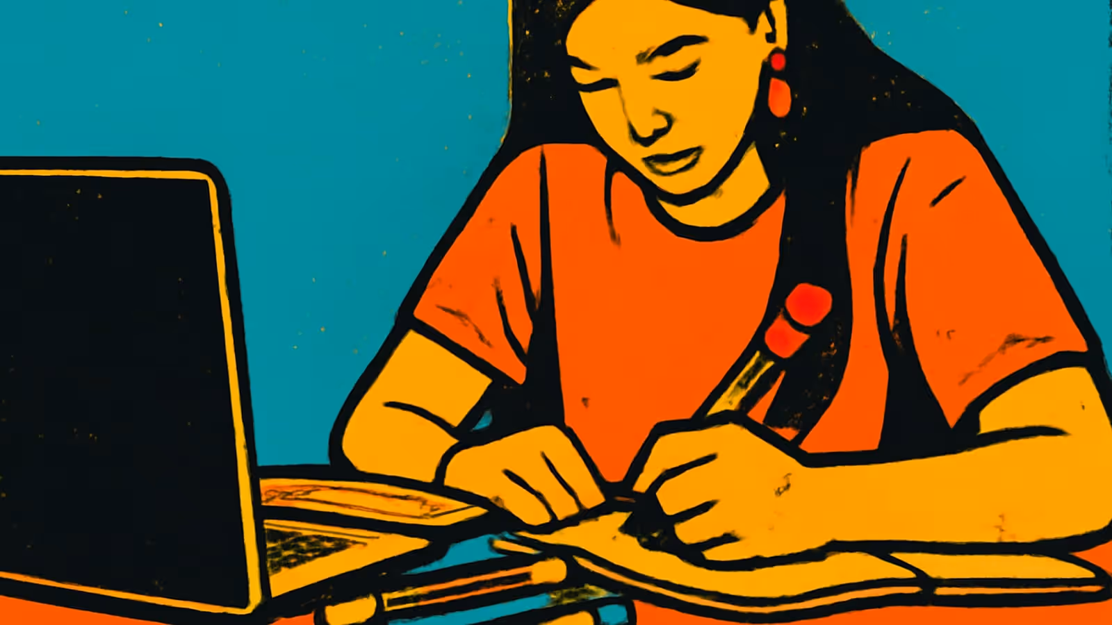 Pop-art illustration of a young woman writing in a notebook at a desk beside an open laptop.
