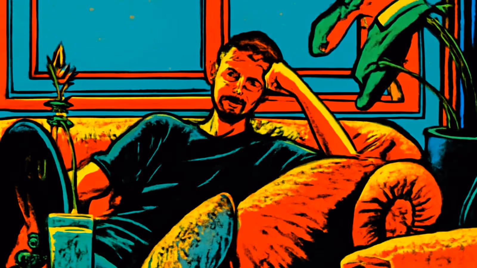 A man sitting back on a sofa with his head resting against his hand, rendered as a flat red, teal and yellow illustration.