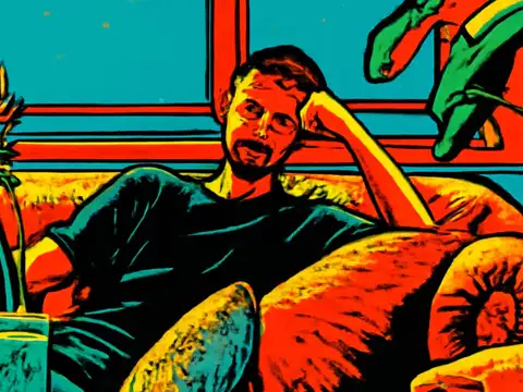 A man sitting back on a sofa with his head resting against his hand, rendered as a flat red, teal and yellow illustration.