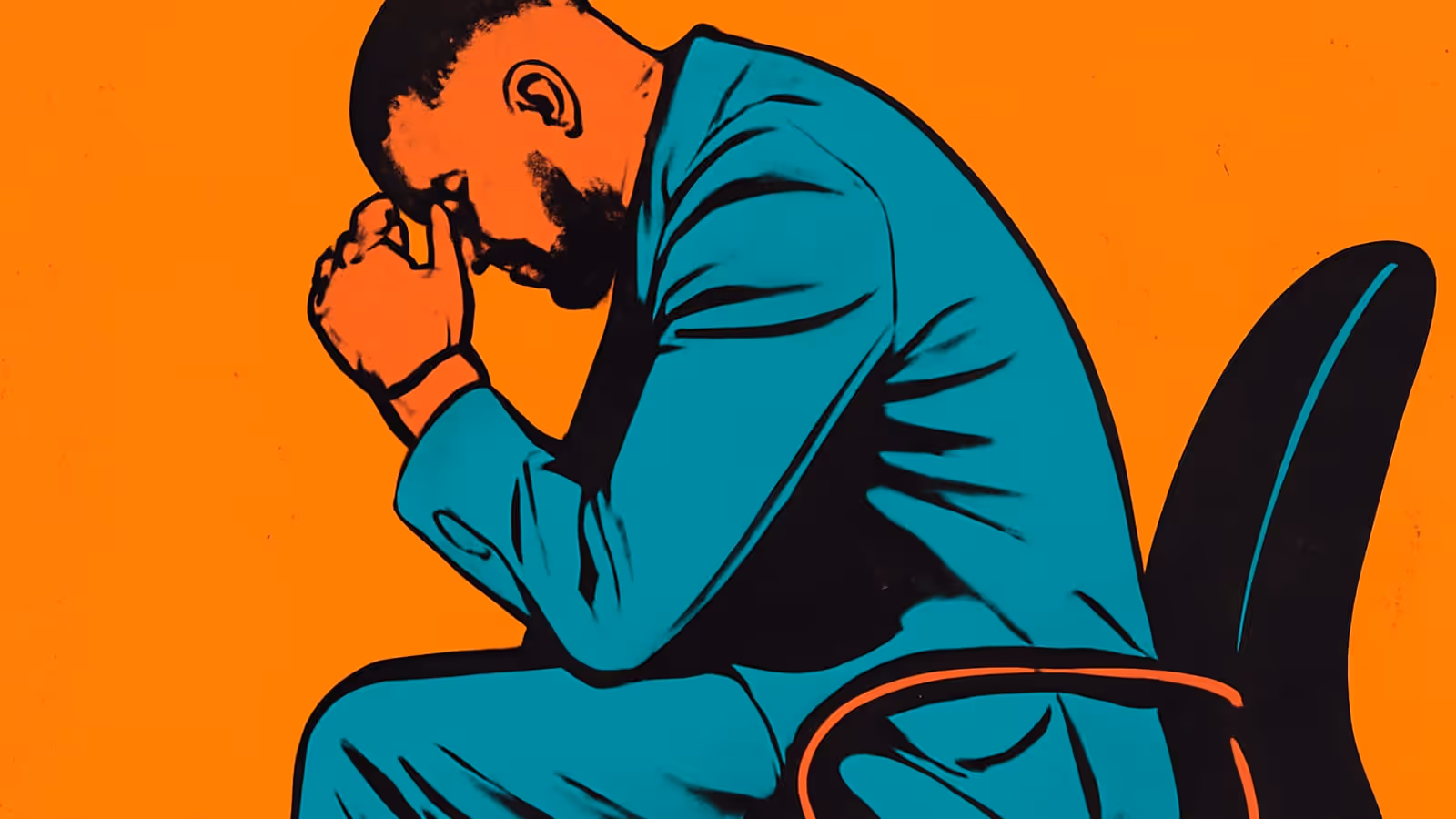 A man in a suit sitting forward on an office chair with clasped hands pressed against his forehead, rendered as a flat teal illustration on an orange background.