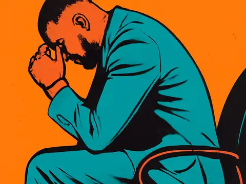 A man in a suit sitting forward on an office chair with clasped hands pressed against his forehead, rendered as a flat teal illustration on an orange background.