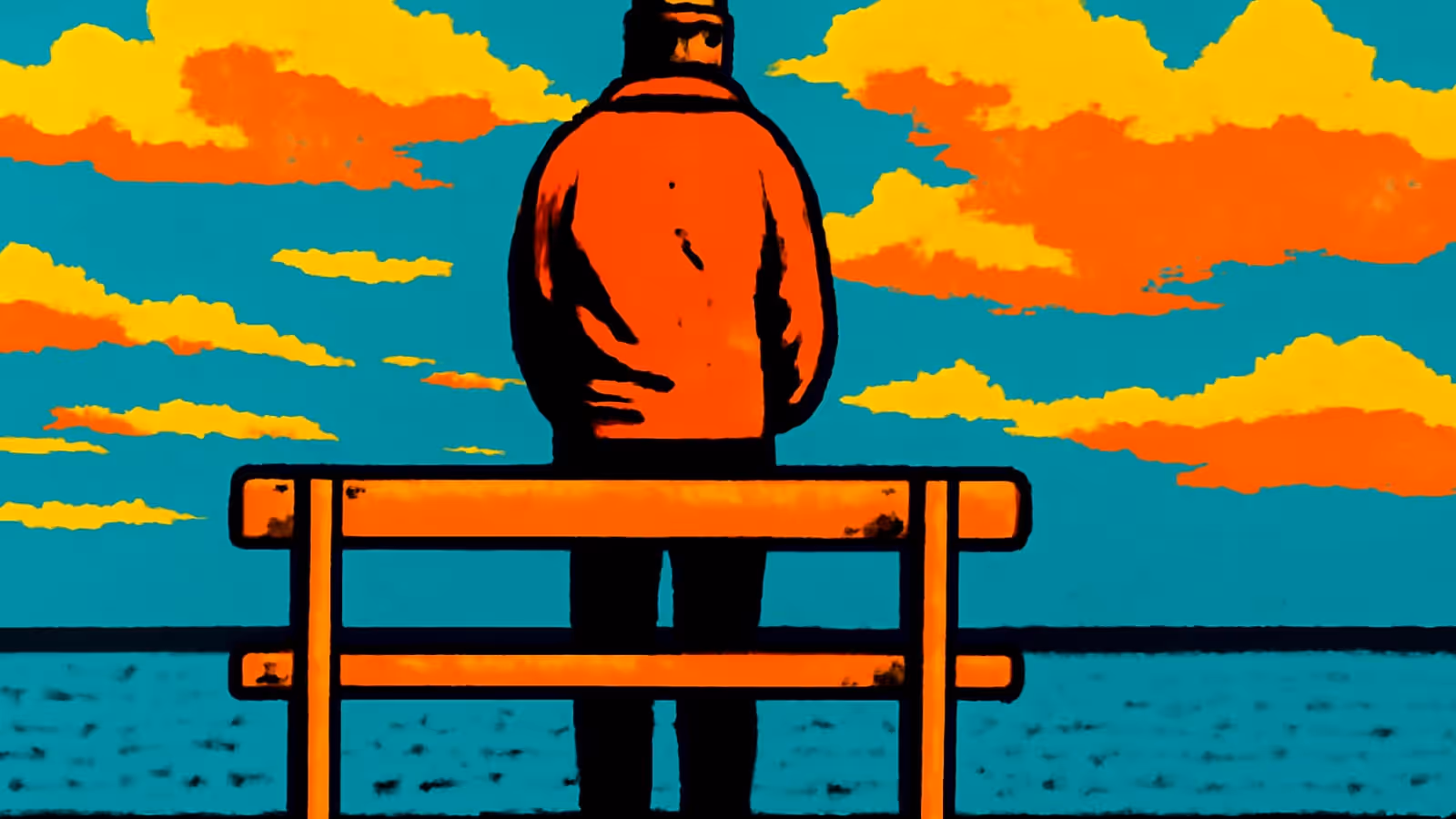 Pop-art illustration of a man standing behind an empty bench, looking out to sea.