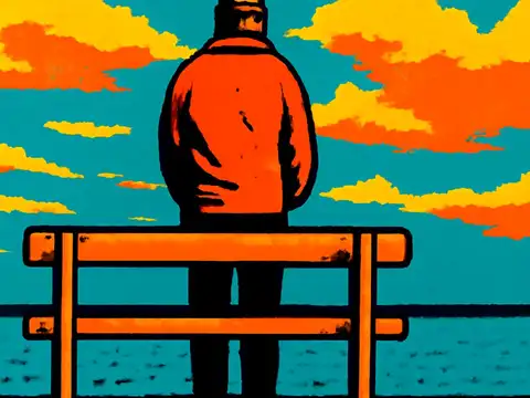 Pop-art illustration of a man standing behind an empty bench, looking out to sea.