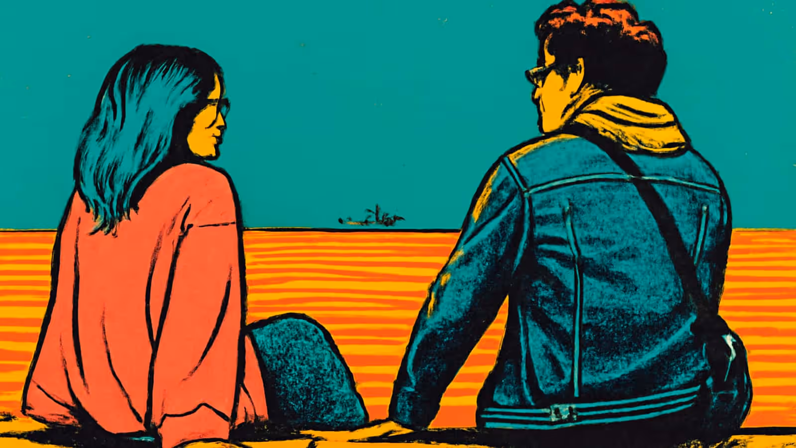 Pop-art illustration of two people sitting apart on a ledge, seen from behind, each turned to look off to one side.