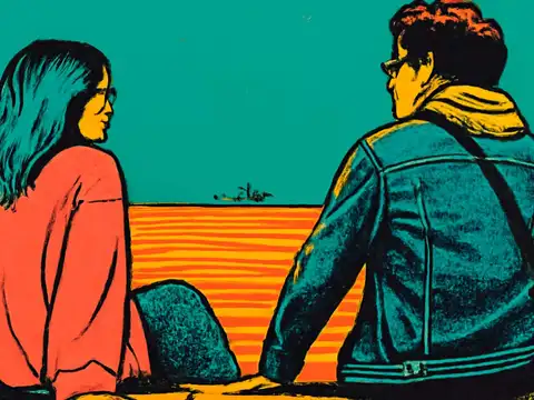Pop-art illustration of two people sitting apart on a ledge, seen from behind, each turned to look off to one side.