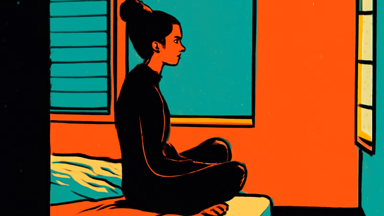 Pop-art illustration of a young woman sitting cross-legged alone on a bed, looking away toward a window with a withdrawn expression.