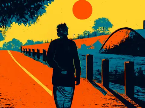 A person walking away from the camera along a path beside a fence, a large low sun in the sky ahead and trees along the roadside, rendered as a flat orange and teal illustration.