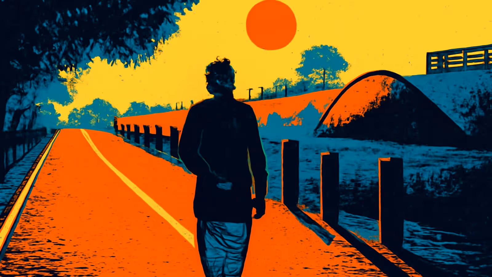A person walking away from the camera along a path beside a fence, a large low sun in the sky ahead and trees along the roadside, rendered as a flat orange and teal illustration.