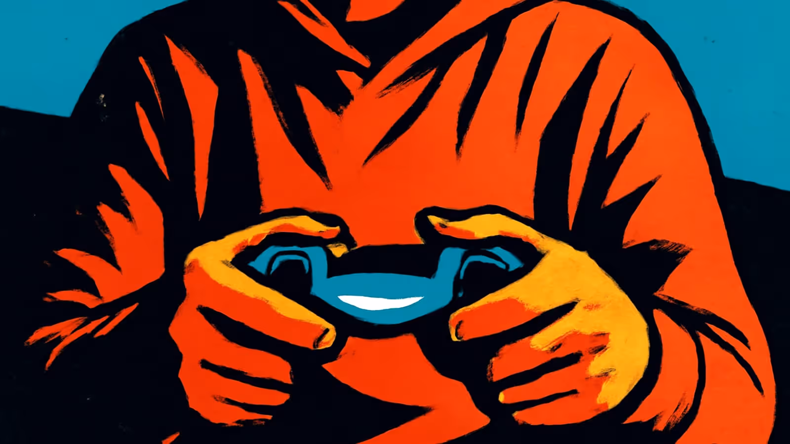 Pop-art illustration in orange, black and teal of a person gripping a game controller tightly against their chest, face out of frame.