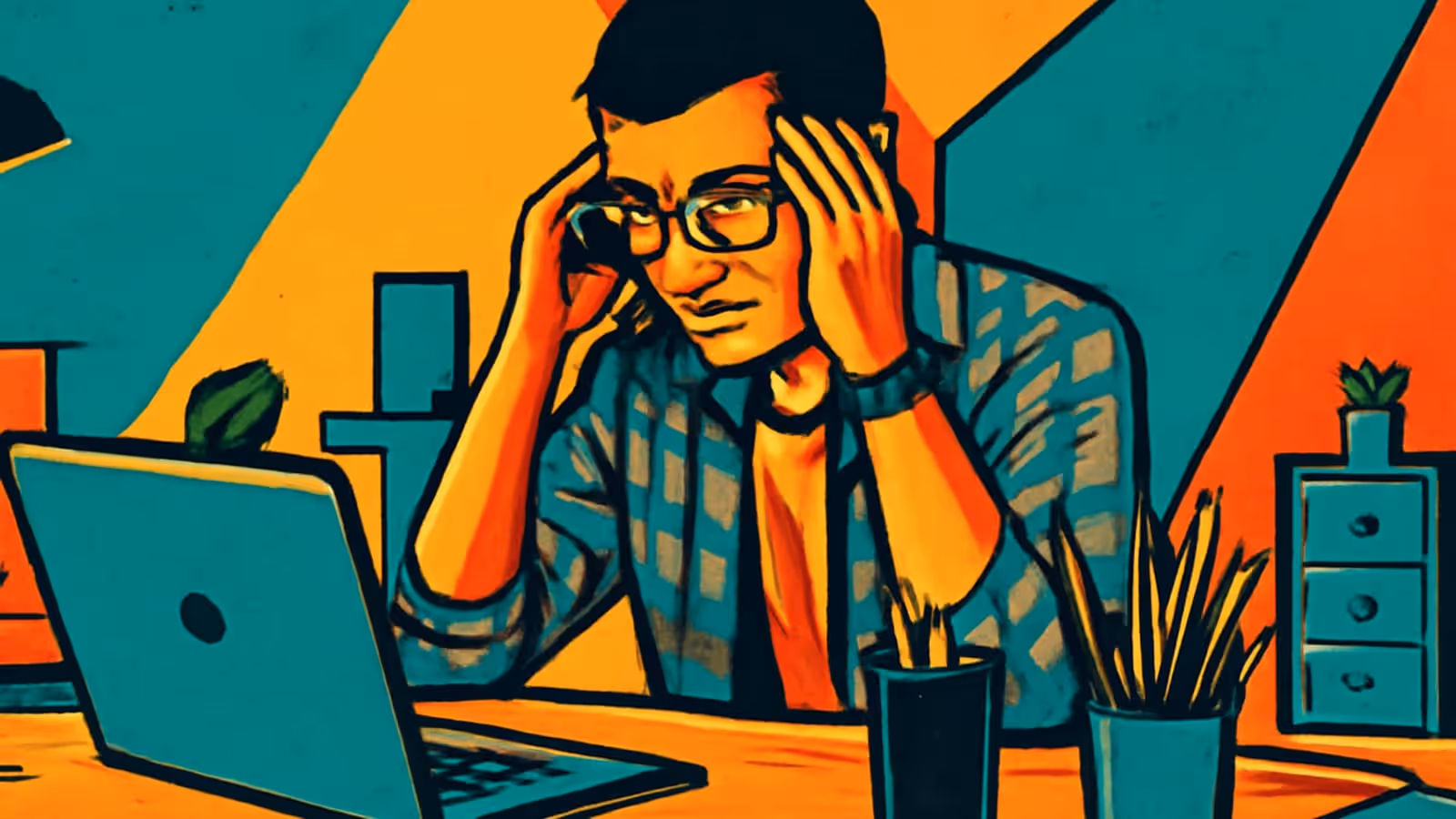 A man in glasses and a checked shirt sitting at a desk with a laptop, holding both hands to his head, rendered as a flat orange and teal illustration.